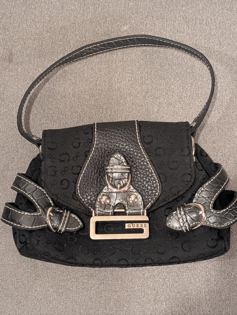 GUESS Y2K Mini Hand Shoulder Black Bag  G Logo Monogram Silver Buckle Purse